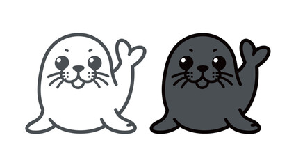 Cute Waving Seal or Sea Lion Icon Outline and Solid Vector Illustration Mascot Logo Design Template Minimalist Flat Style Graphic Resource