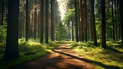A photo of a tranquil forest path in a pine forest
