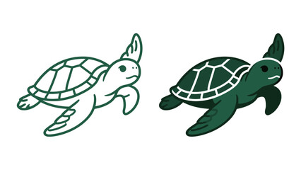 Cute Green Sea Turtle Icon Outline and Solid Vector Illustration Mascot Logo Design Template Minimalist Flat Style Graphic Resource