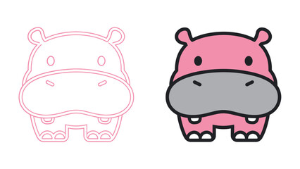 Cute Chubby Pink Baby Hippo Icon Outline and Solid Vector Illustration Mascot Logo Design Template Minimalist Flat Style Graphic Resource