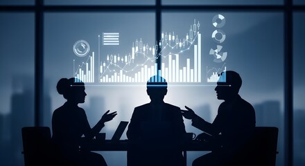 Business meeting with silhouettes of three people discussing charts and graphs projected on a window overlooking a city skyline