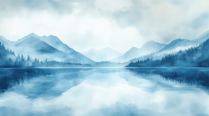 Serene watercolor landscape featu calm lake surrounded by misty mountains and dense pine forests under cloudy sky in a tranquil nature scene
