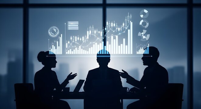Business meeting with silhouettes of three people discussing charts and graphs projected on a window overlooking a city skyline