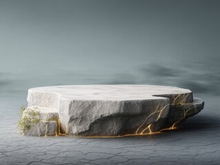 A digital rendering of a stone-like platform for product displays at e-commerce events, featuring a rugged surface,