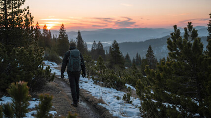 A hiker spots fresh snow dusting pine branches on a risp morning trail
