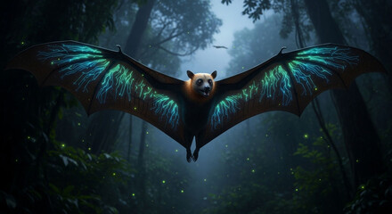 Flying fox bat with glowing wings in dark forest wildlife animal photography wallpaper background image