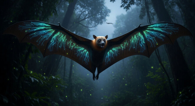 Flying fox bat with glowing wings in dark forest wildlife animal photography wallpaper background image - Powered by Adobe