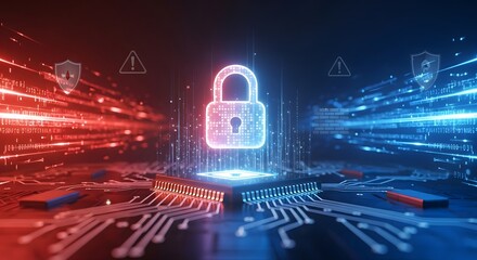 Futuristic digital padlock glowing in the center of a circuit board with red and blue glowing lines representing data flow and security