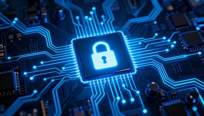 Glowing padlock icon at the center of futuristic digital circuit board, cyber security concept with blue neon technology background, secure data encryption, information privacy and network protection