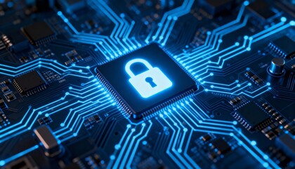 Glowing padlock icon at the center of futuristic digital circuit board, cyber security concept with blue neon technology background, secure data encryption, information privacy and network protection