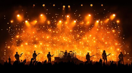 Fototapeta premium Energetic concert stage performance silhouetted band and crowd