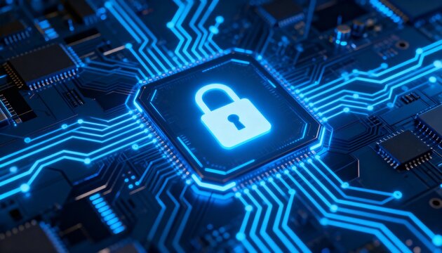 Glowing padlock icon at the center of futuristic digital circuit board, cyber security concept with blue neon technology background, secure data encryption, information privacy and network protection - Powered by Adobe