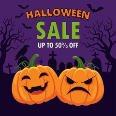 Halloween Sale Illustration with Pumpkins Graveyard and Bats Invitation Design