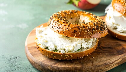 Sesame bagel halves spread with cream cheese, on wooden board with green backdrop
