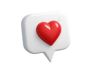 Red heart icon on white speech bubble against black background 3d render love like