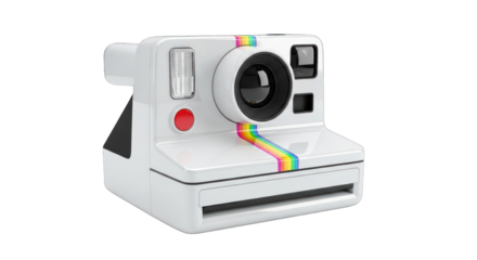 White Instant Camera with Rainbow Stripe Detail.