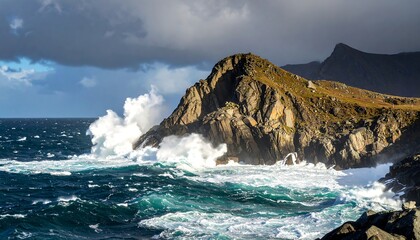 Dramatic ocean waves crashing against rocky coastline under a cloudy sky