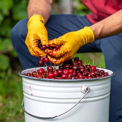 Person in yellow gloves picking cherries into a pail