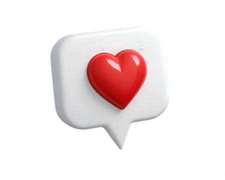 Red heart icon on white speech bubble against black background 3d render love like