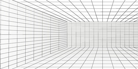 Grid perspective white room with gray wireframe background. digital cyber box technology model. vector abstract. eps 10