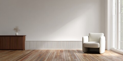 A minimalist living room with a wooden cabinet, a light beige armchair, and natural light illuminating the space.