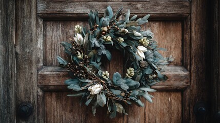 Modern Christmas wreath on a wooden door