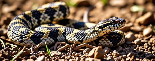 Fototapeta premium Large venomous snake with distinctive diamond pattern, rattling tail, and triangular head. Inhabits deserts and grasslands, rattles, threat, Western Diamondback Rattlesnake