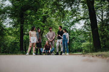 Obraz premium A group of young friends spending time outdoors in a green park, enjoying nature and companionship. A mix of casual interactions and relaxation creates a harmonious and cheerful atmosphere.