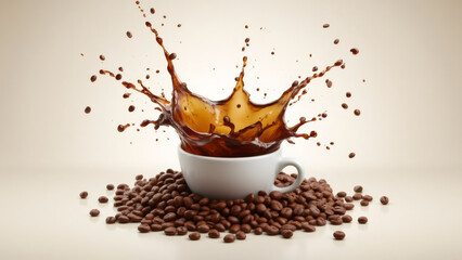 Coffee splashes in cup, surrounded by beans on neutral background