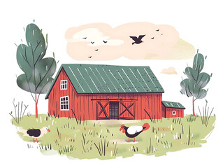 Rustic village farm drawing in color sketch, AI generated
