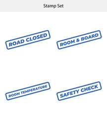 Blue Ink Stamp Marks Set with Road Closed Room Board Safety Check isolated on white