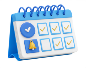 Stylized 3d illustration of a blue and white desk calendar with checkmarks and a bell image