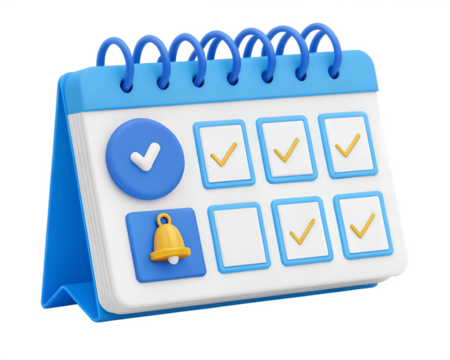 Stylized 3d illustration of a blue and white desk calendar with checkmarks and a bell image