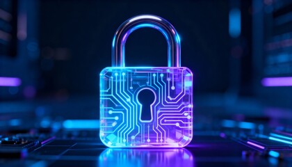 High-tech padlock icon with holographic glowing circuit board design, futuristic cyber security technology, digital data protection, encryption concept, information privacy and secure network safety