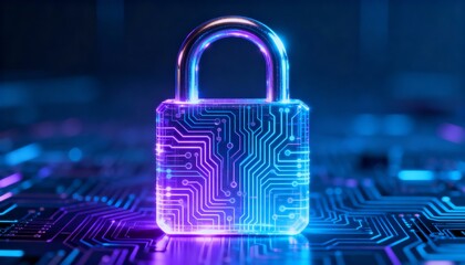 High-tech padlock icon with holographic glowing circuit board design, futuristic cyber security technology, digital data protection, encryption concept, information privacy and secure network safety