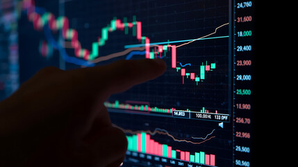 A hand pointing at a digital stock market chart, displaying colorful candlestick patterns, fluctuating graphs, and numerical data, represents financial trading, investment analysis, and market trends.