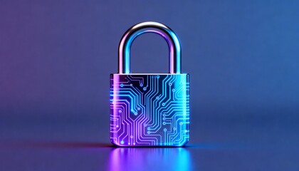 High-tech padlock icon with holographic glowing circuit board design, futuristic cyber security technology, digital data protection, encryption concept, information privacy and secure network safety
