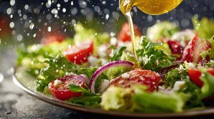 Macro photo of a fresh salad drizzled with dressing