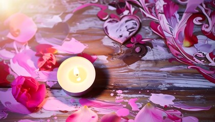 Romantic candle with petals and hearts