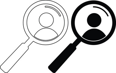 Two magnifying glasses one outlined and one filled silhouette searching for a person silhouette