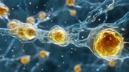Obraz premium A 3D model of virus particles highlighted in bright yellow and orange against a dark blue translucent backdrop,