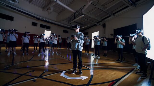 Students wearing vr headsets and holding controllers stand on marked spots on a basketball court, exploring immersive virtual simulations for collaborative learning and play