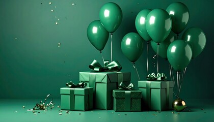 Emerald-toned gifts and balloons arranged on a matching surface with confetti accents
