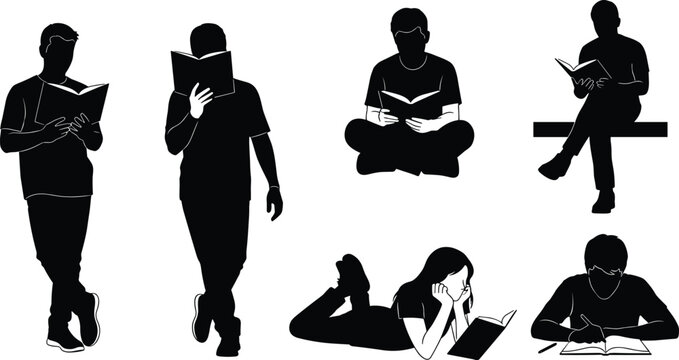 Reading silhouette, writing posture, book lover, student studying, quiet activity, desk work, peaceful learning, education concept, black and white figure, isolated pose