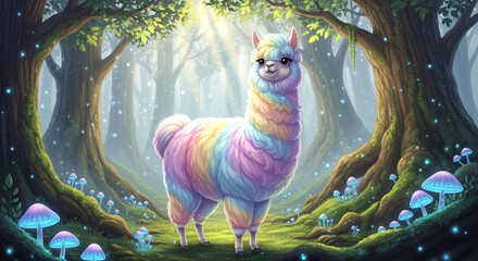 Rainbow llama in enchanted forest whimsical illustration fantasy art cute animal cartoon character design