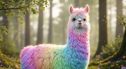 Rainbow llama cute animal alpaca in forest whimsical fantasy art colorful fluffy adorable kawaii pastel art