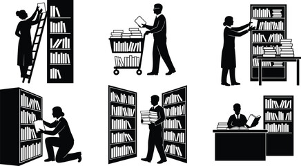 library, bookshelf, reading, education, silhouette, books, study, research, organize, student, knowledge, illustration, black, white, desk ©  creative rabbi