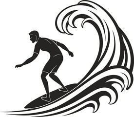 Black silhouette vector of a man surfing on waves
