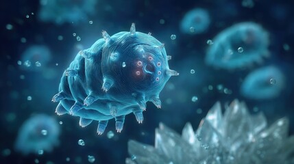 Highly detailed artistic representation of a microscopic organism with spherical spiky exterior, blue shades,