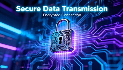 Secure data transmission concept with lock symbol integrated in futuristic circuit pattern on neon cyber background, digital encryption, cybersecurity protection, network privacy and information